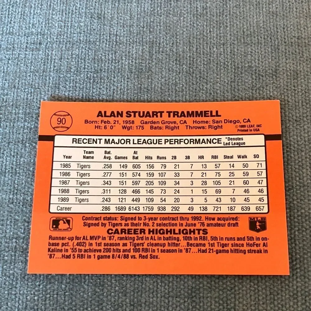 1990 Donruss Detroit Tigers Baseball Card Trading Card
